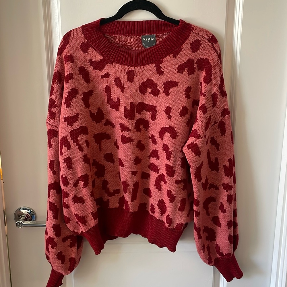 Arula Red Pink Animal Print Knit Sweater